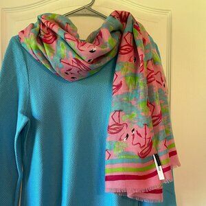 Talbots Oblong Flamingo Print Scarf Pink Turquoise Green Red EUC